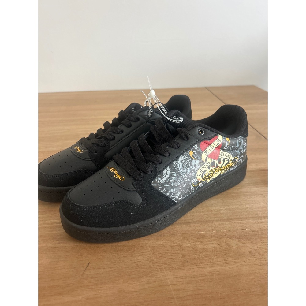 Ed Hardy EH Court-T Mens Black Tattoo Print Sneakers Love Kills Slowly Size 9.5